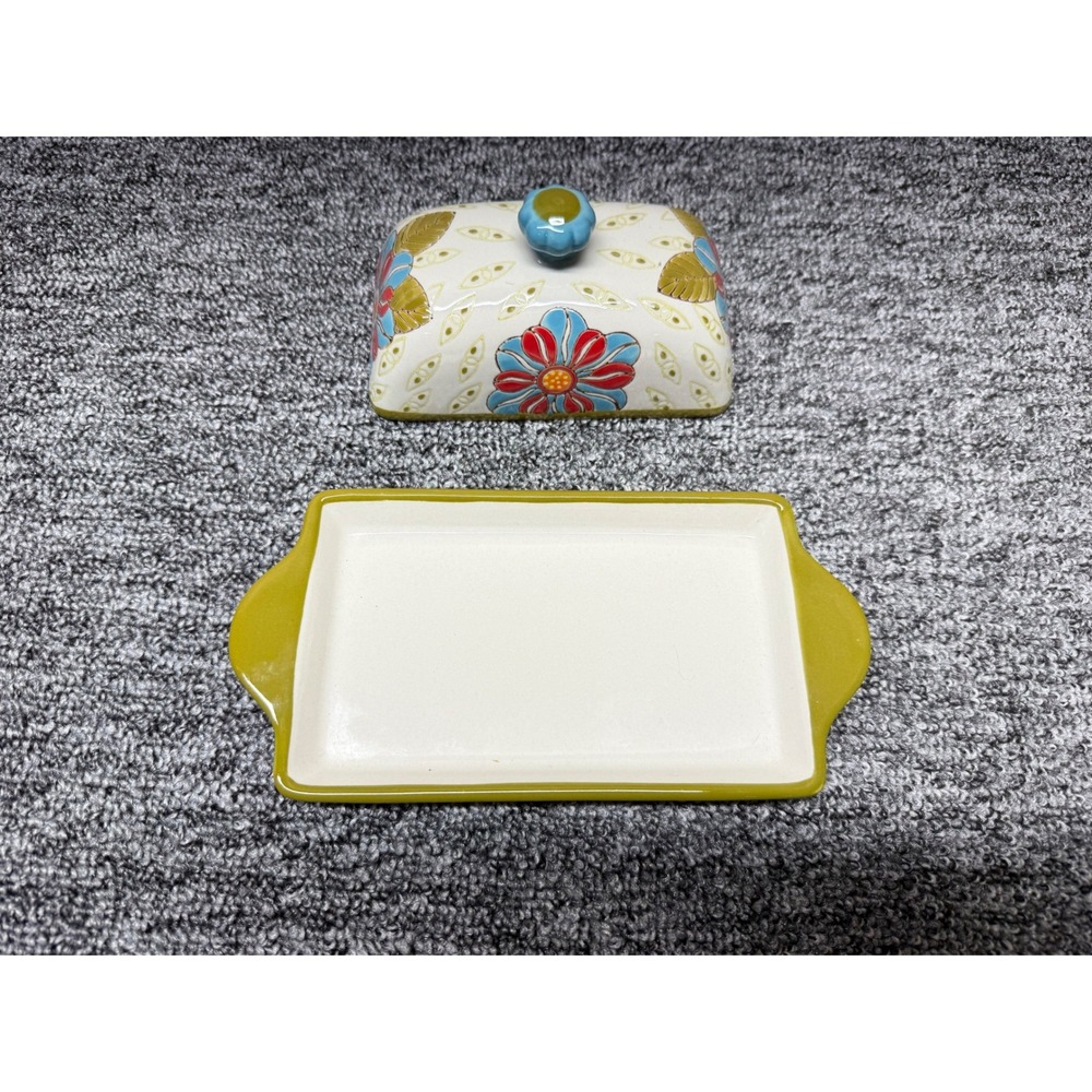 Artistic Accents Floral Ceramic Butter Dish with Lid Olive Green Tray